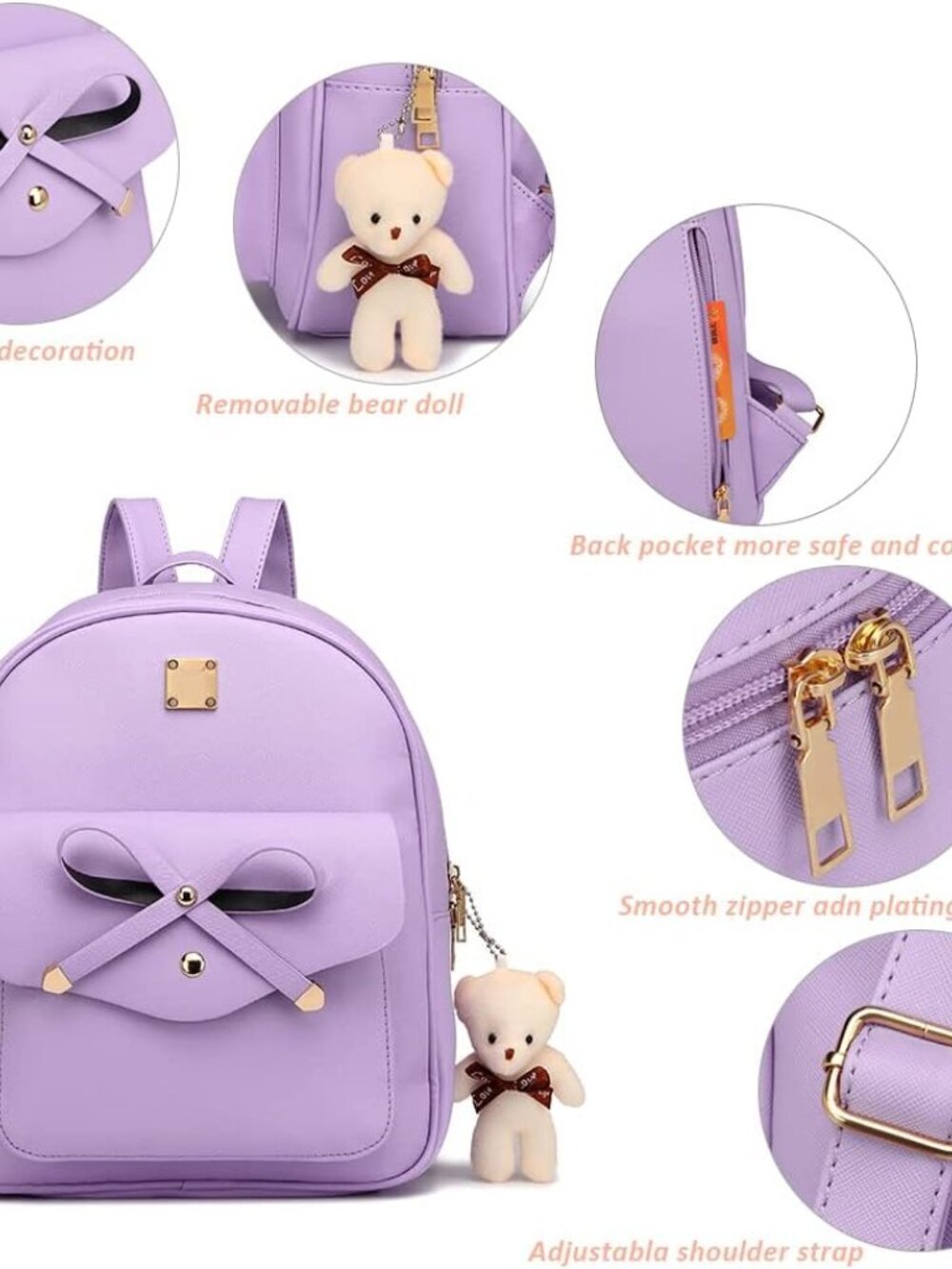 Cute Leather Mini Backpack Purse for Women Bowknot Small Backpack for Girls gift - Picture 3 of 6